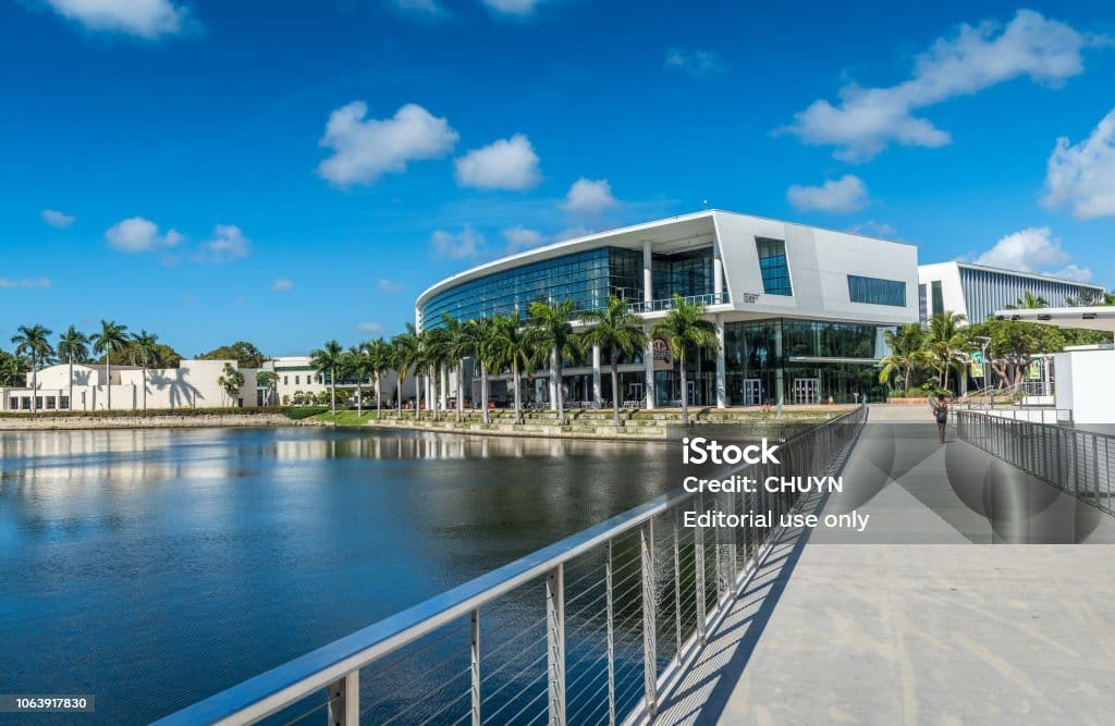 Front view of the University of Miami campus, highlighting its iconic architecture.
